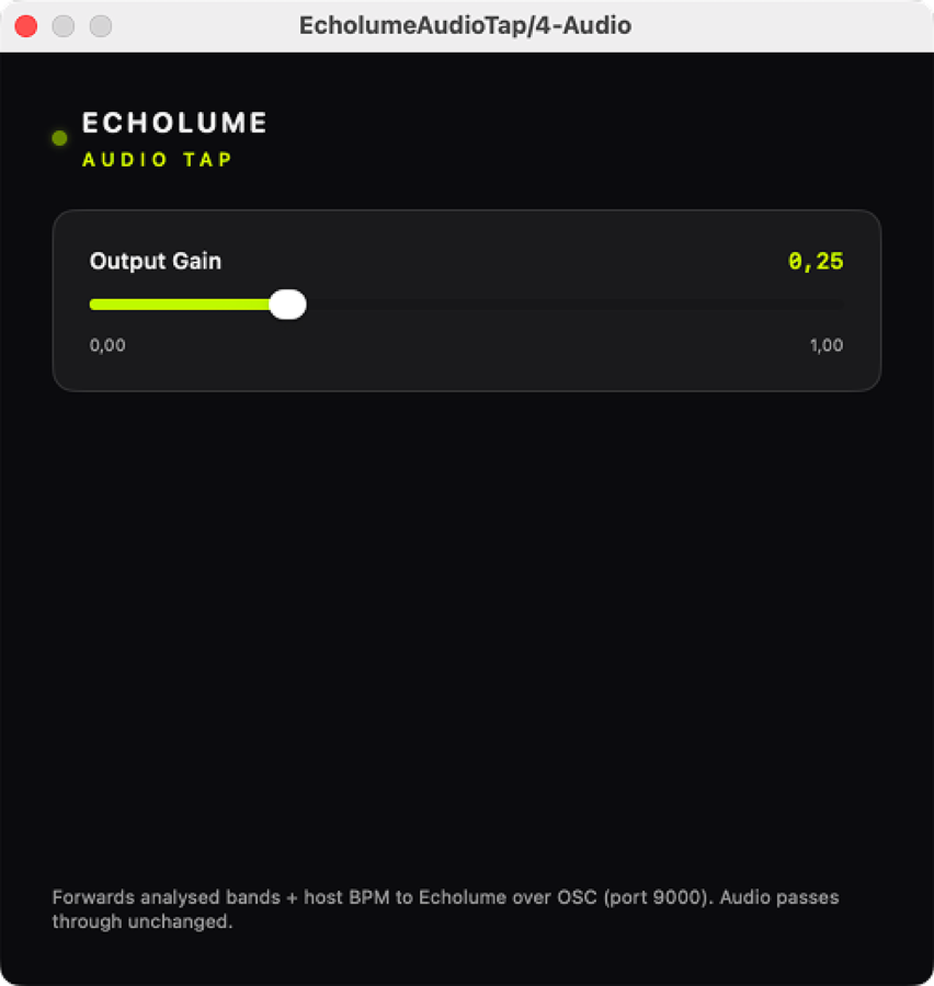 The EcholumeAudioTap AUv3 plugin window on an audio track in a DAW, forwarding analysed bands and host BPM to Echolume over OSC.