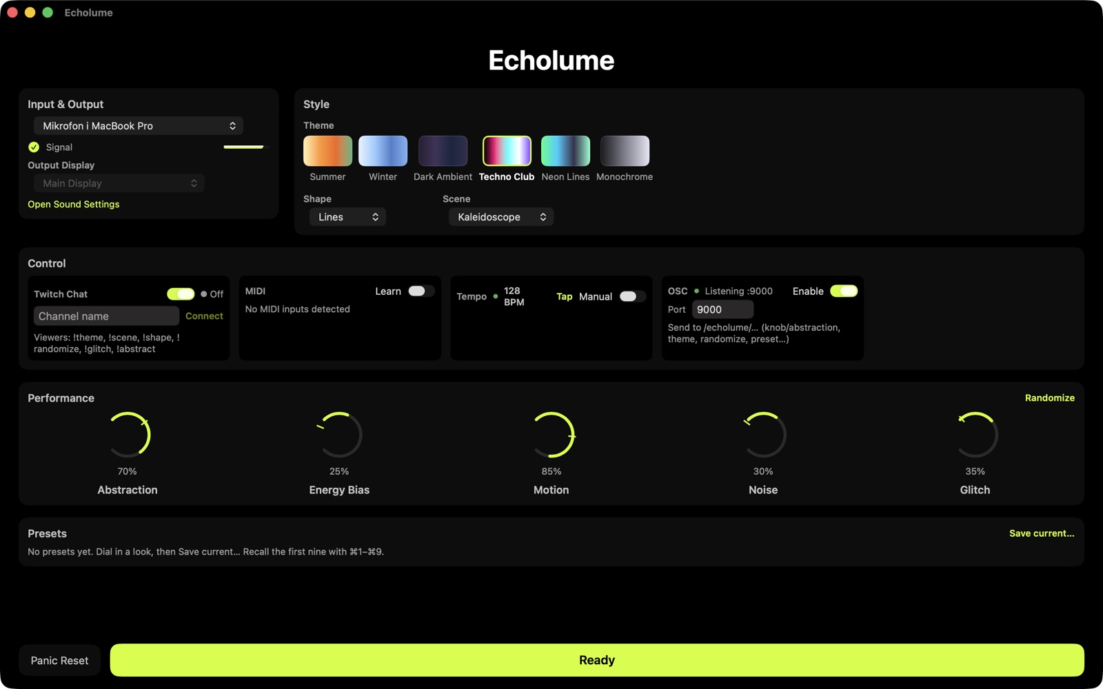 Echolume's Setup screen: audio input, the visual theme swatch picker, scene and shape menus, and five performance knobs — all on one screen.